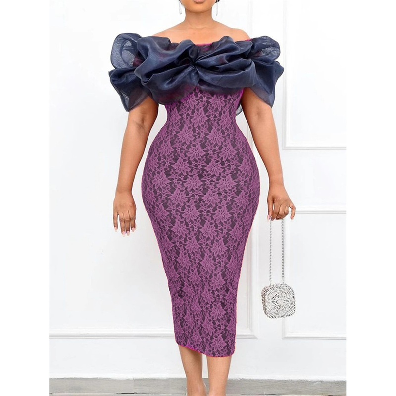 Women's Party Dress Lace Dress Cocktail Dress Midi Dress Blue Purple Short Sleeve Color Block Lace Summer Spring Fall Off Shoulder Elegant Wedding Guest Birthday Vacation