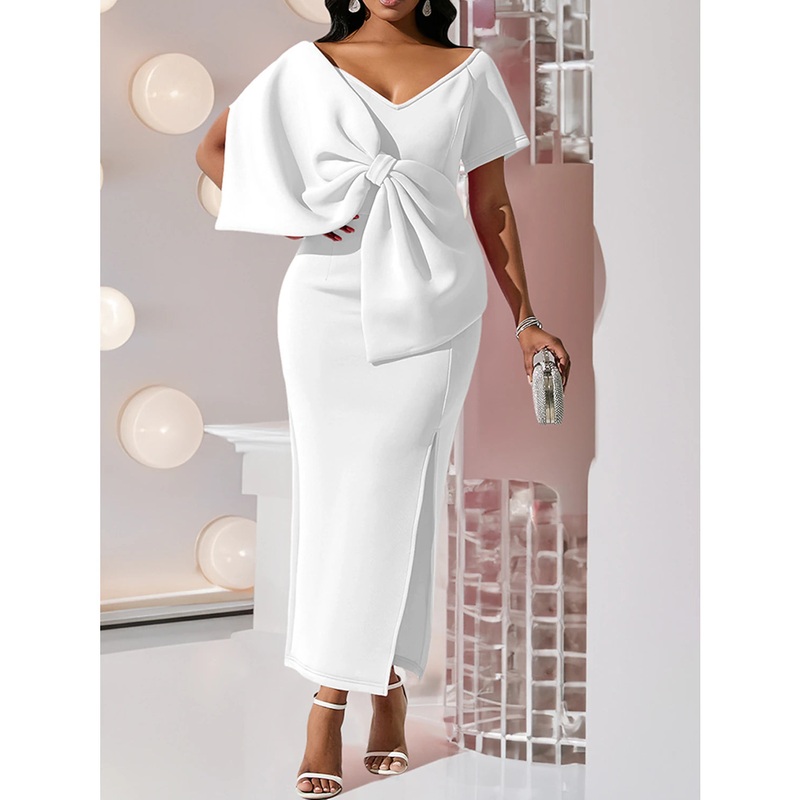 Women's Prom Dress Party Dress Bodycon Midi Dress White Pink Purple Short Sleeve Pure Color Ruched Fall Winter Autumn V Neck Fashion Vacation
