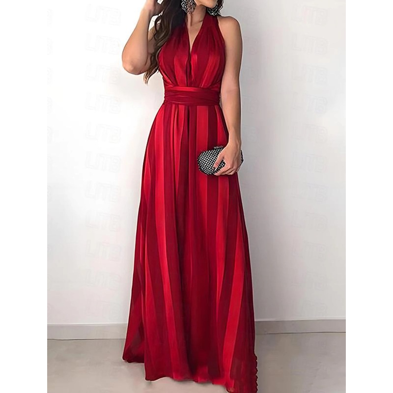 Women's Red Christmas Dress Party Dress New Year's Eve Dress Cocktail Dress Semi Formal Dress Long Dress Red Sleeveless Striped Print Summer Spring V Neck Party Party Spring Dress