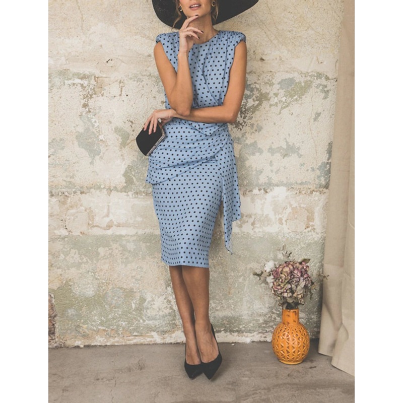 Women's Sheath Dress Knee Length Dress White Pink Red Light Blue Sleeveless Polka Dot Print Ruched Spring Summer Round Neck Elegant Casual Vintage Party