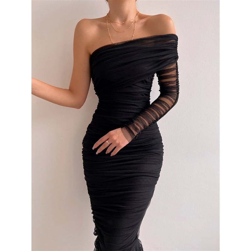 Womens Black Dress Cocktail Dress Party Dress Wedding Guest Dress Bodycon Midi Dress Red Long Sleeve Ruched Spring Fall Winter One Shoulder Party Birthday Evening Party Wedding Guest Slim