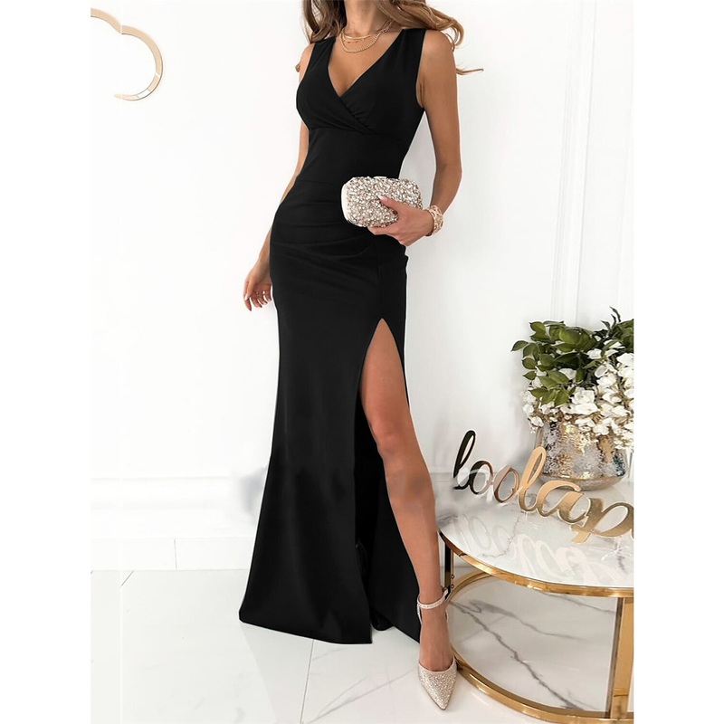 Womens Prom Dress Wedding Guest Party Dress Homecoming Dress Sheath Dress Long Dress Maxi Dress Black Red Green Sleeveless Pure Color Backless Summer Spring V Neck Party Evening