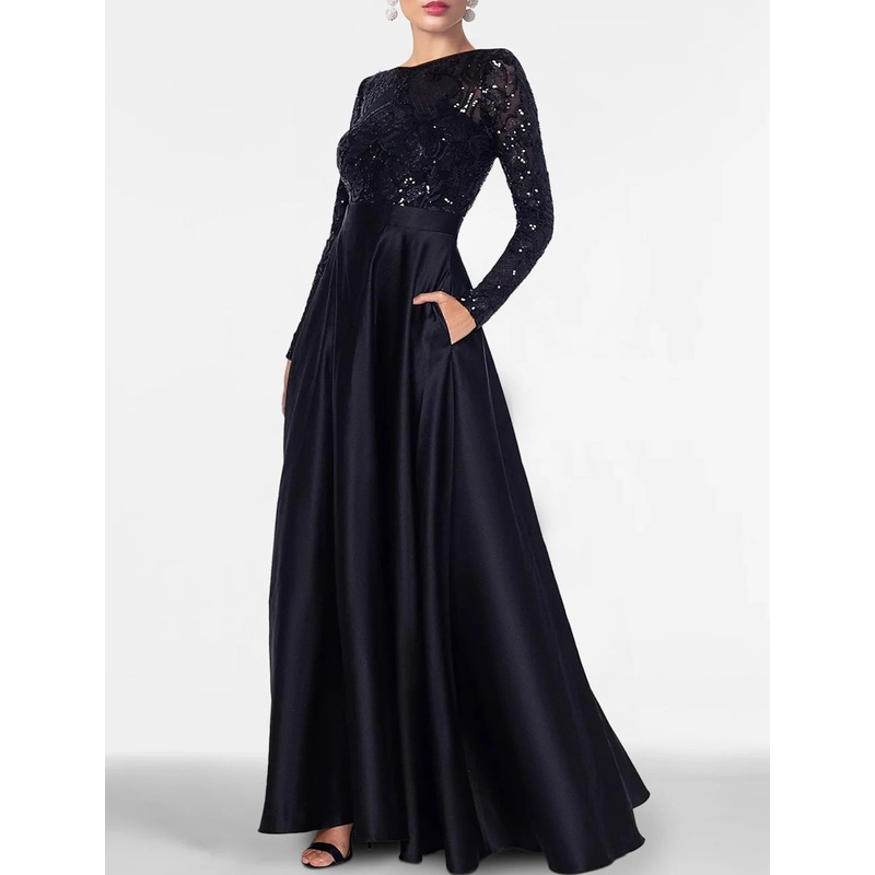 A-Line Evening Gown Elegant Dress Formal Black Tie Floor Length Long Sleeve Off Shoulder Fall Wedding Guest Satin with Slit Pocket