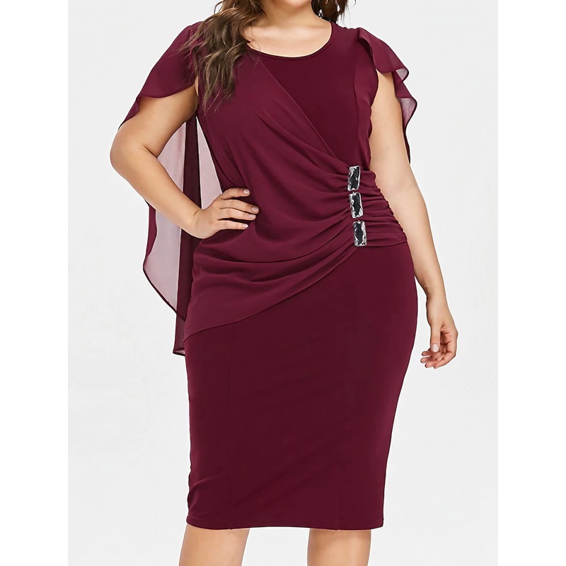 Women's Plus Size Red Chirstmas Dress Curve Party Dress Solid Color Crew Neck Short Sleeve Fall Spring Elegant Prom Dress Midi Dress Formal Party Dress