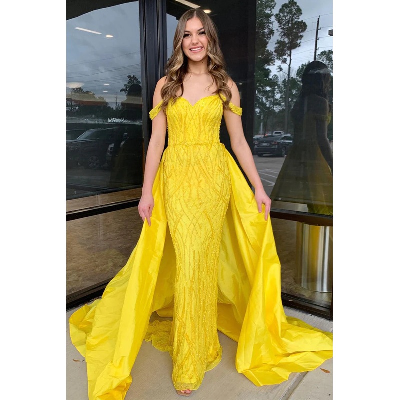 Yellow Off the Shoulder Sequin Long Prom Dresses with Detachable Train