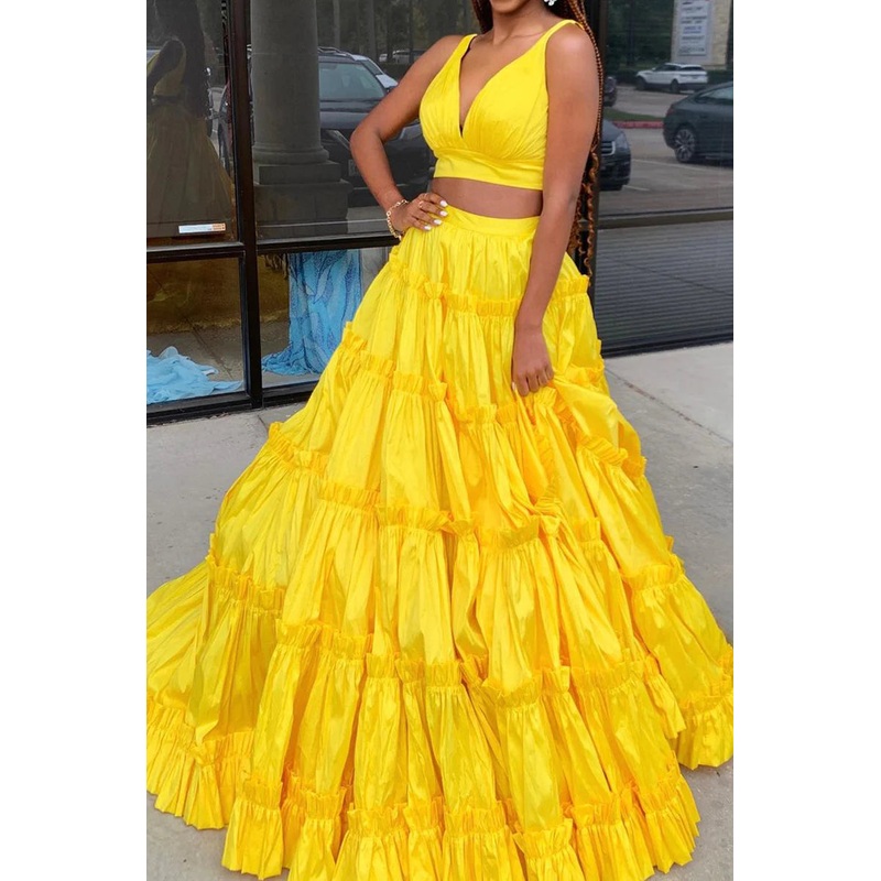 Yellow Two Piece Satin Long Prom Dress with Bow Tie