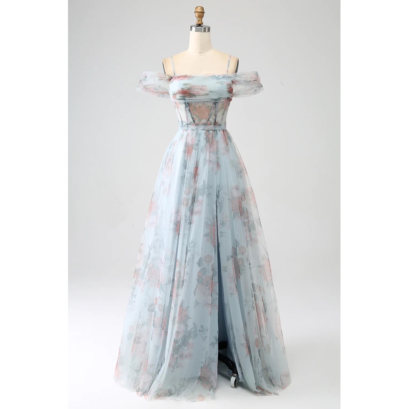 A-Line Blue Printed Cold Shoulder Long Corset Prom Dress with Slit