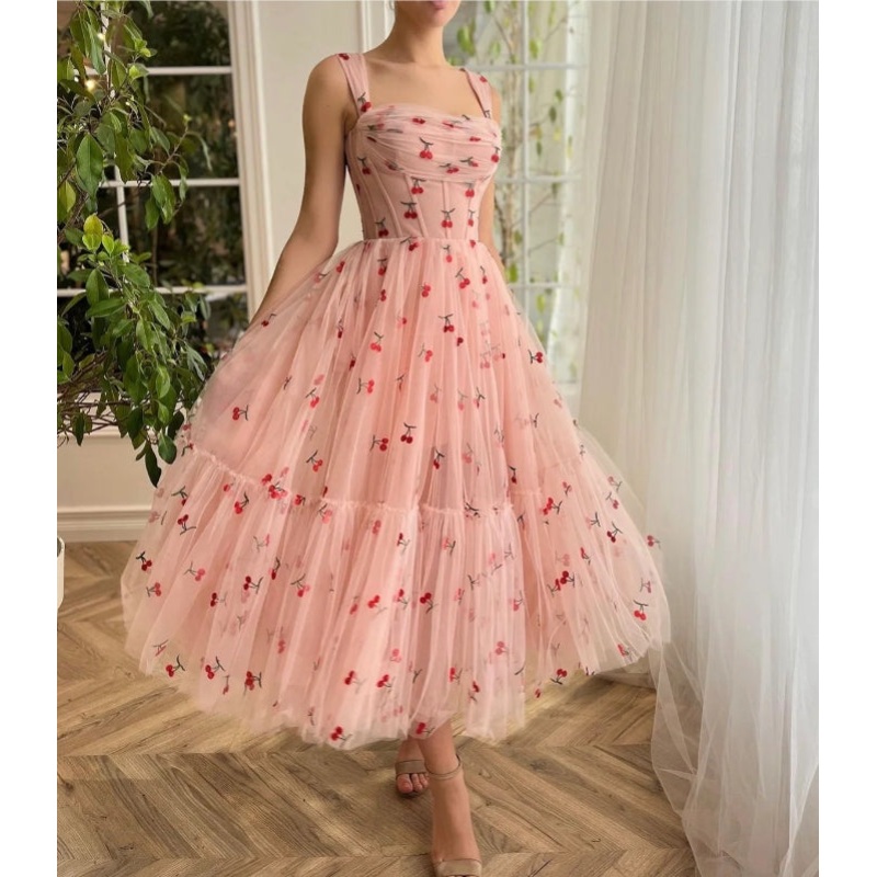 A-line Cherry Lace Appliques Prom Dresses for Women Tulle Wedding Dress lovely Long Skirt
