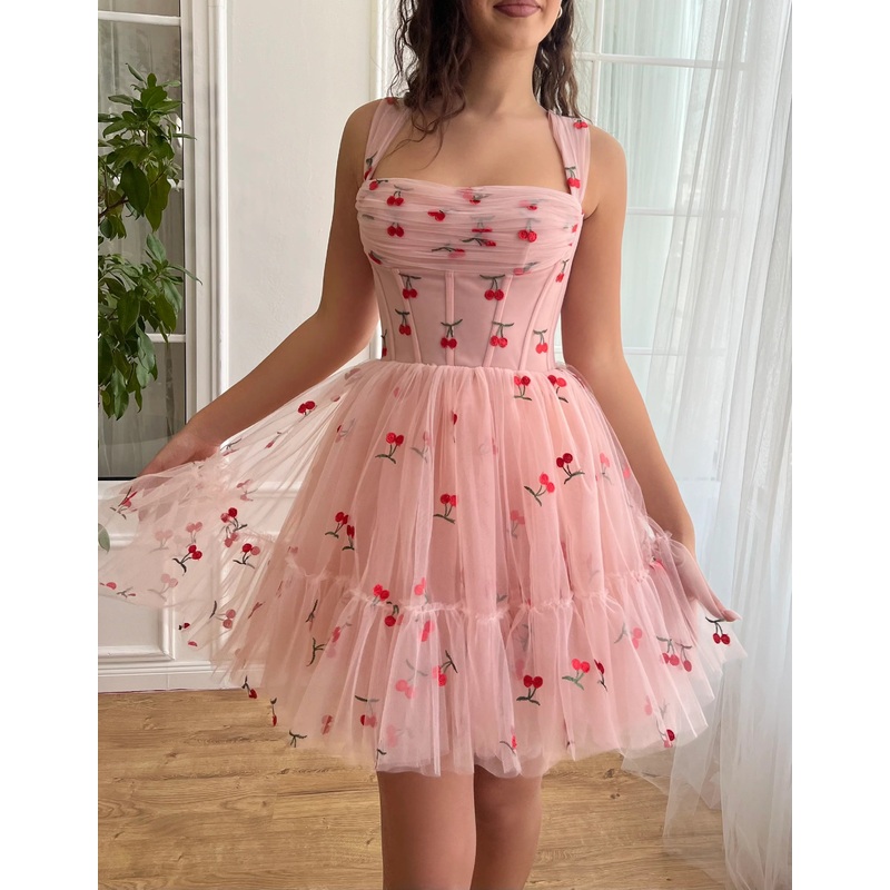 A-line Cherry Lace Appliques Prom Dresses for Women Tulle Wedding Dress lovely Short skirt