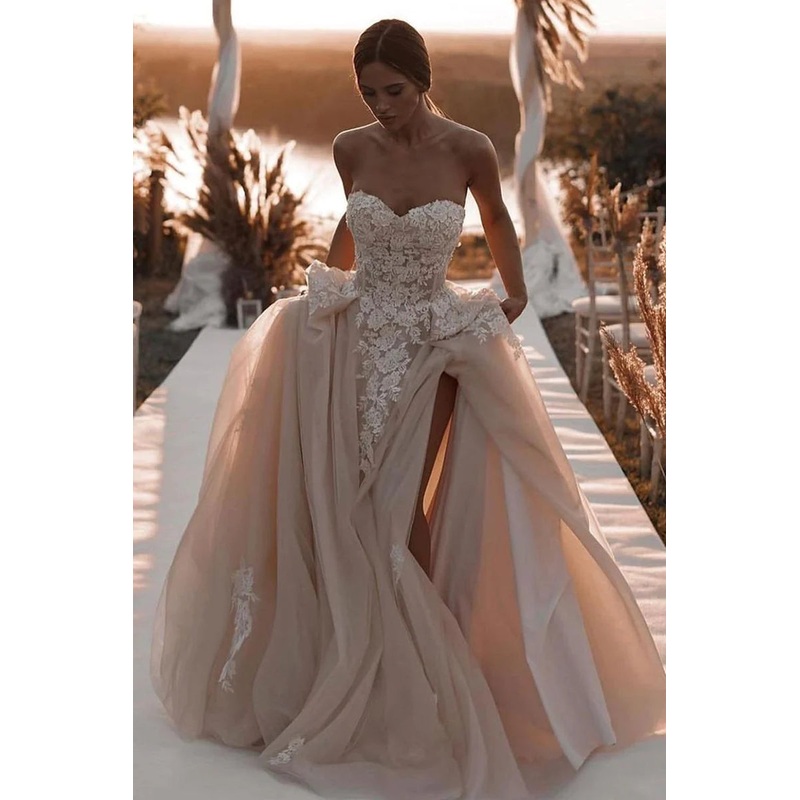 Fairy A Line Sweetheart Dark Champagne Tulle Wedding Dresses with Appliques