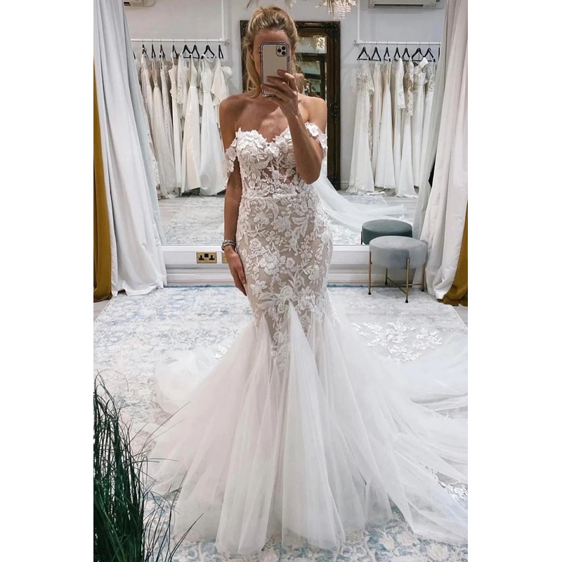 Ivory Off the Shoulder Long Lace Mermaid Wedding Dress