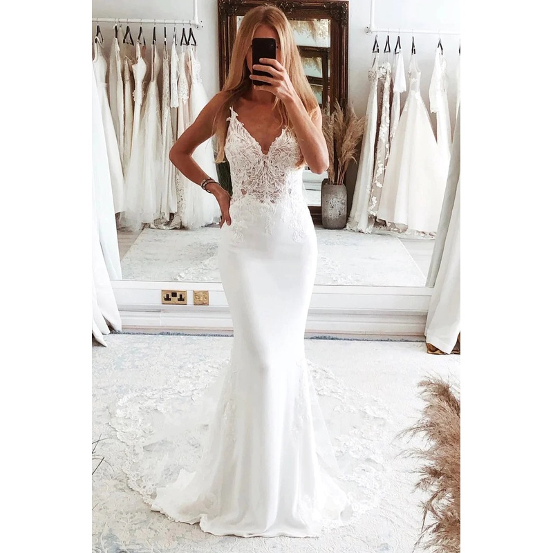 Mermaid V Neck Spaghetti Straps Satin Wedding Dresses with Lace