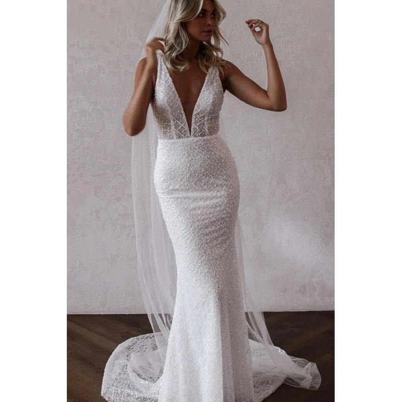 Sparkly Mermaid V Neck Sequins Lace Long Wedding Dresses