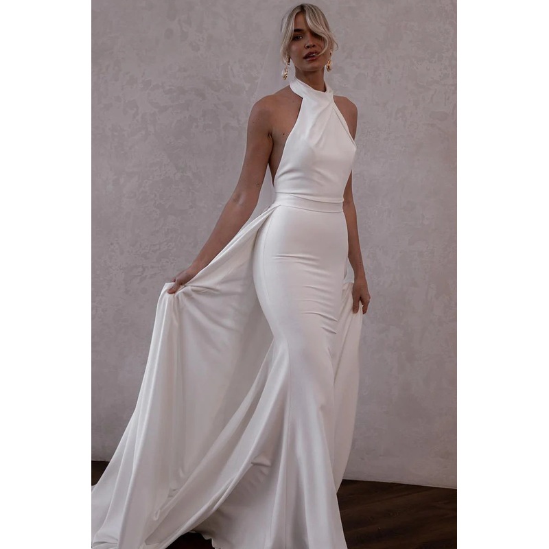 White Satin Halter Wedding Dresses with Detachable Train