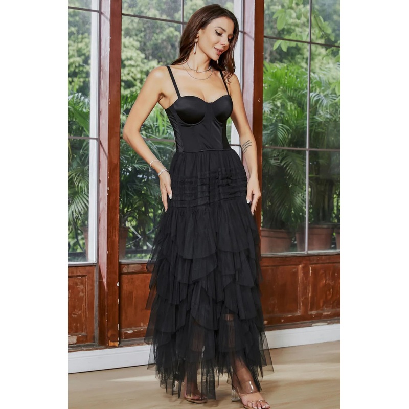 A-Line Corset Ruffled Asymmetrical Little Black Dress