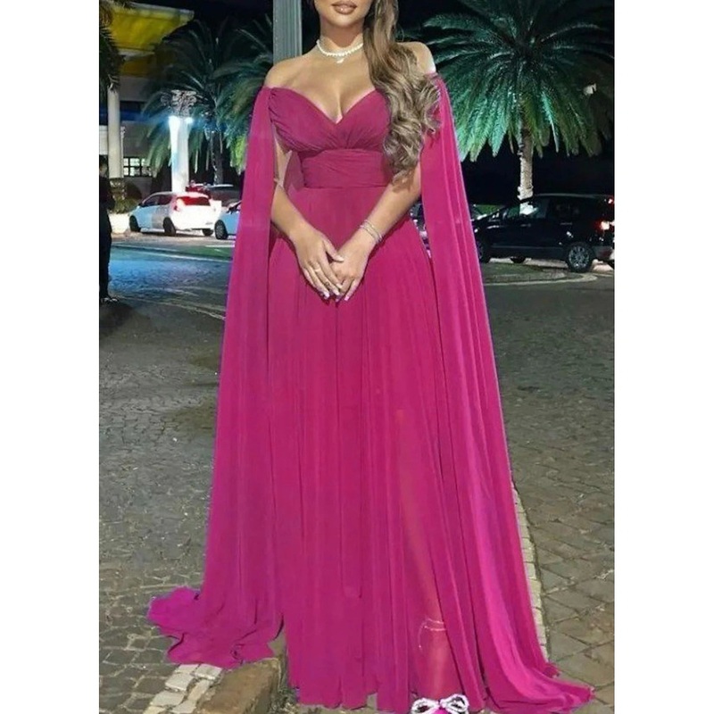 A-Line Evening Gown Elegant Dress Formal Wedding Party Sweep / Brush Train Sleeveless Off Shoulder Capes Chiffon with Pleats