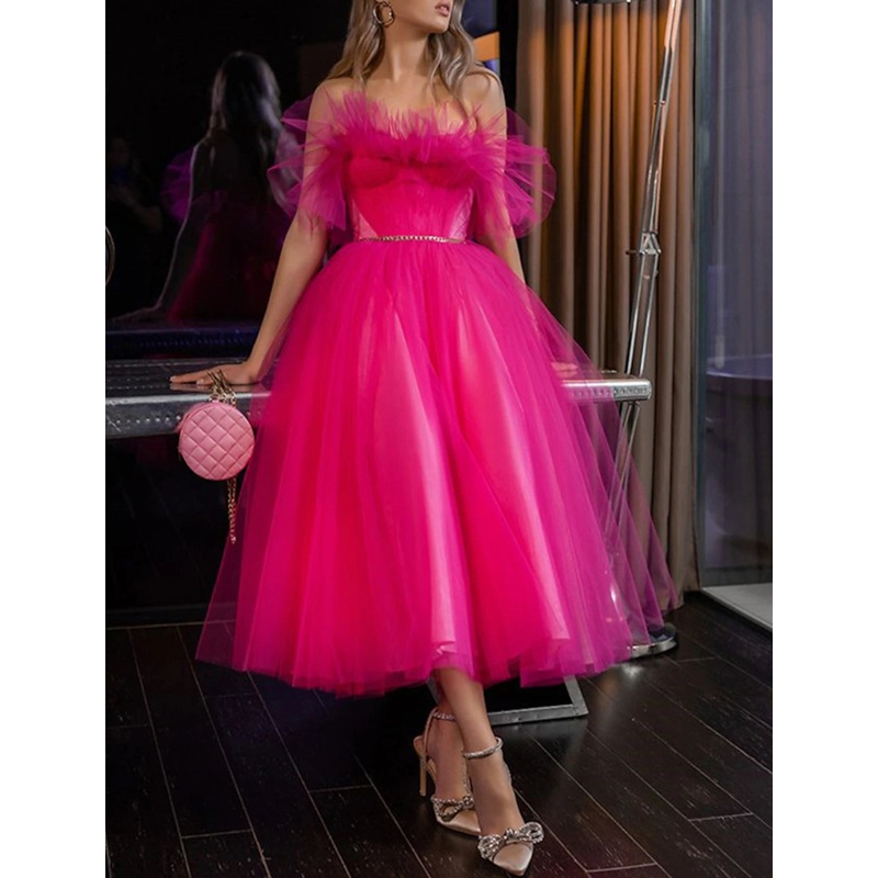 A-Line Evening Gown Elegant Dress Wedding Guest Party Wear Tea Length Sleeveless Strapless Tulle with Pleats