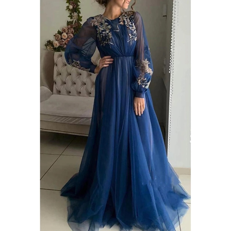A-Line Evening Gown Floral Dress Wedding Guest Birthday Sweep / Brush Train Long Sleeve Jewel Neck Tulle with Embroidery