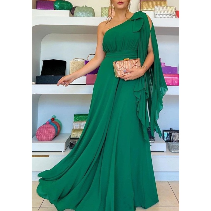 A-Line Evening Gown Party Dress Elegant Dress Formal Wedding Guest Sweep / Brush Train Sleeveless One Shoulder Capes Chiffon with Ruffles