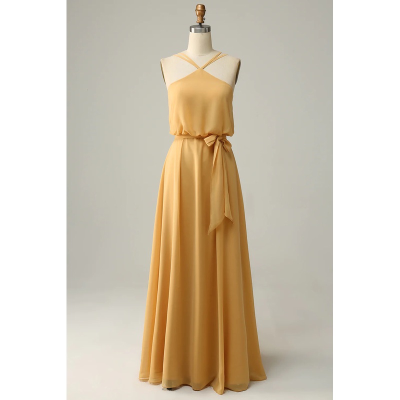 A Line Halter Yellow Long Bridesmaid Dress with Bowknot