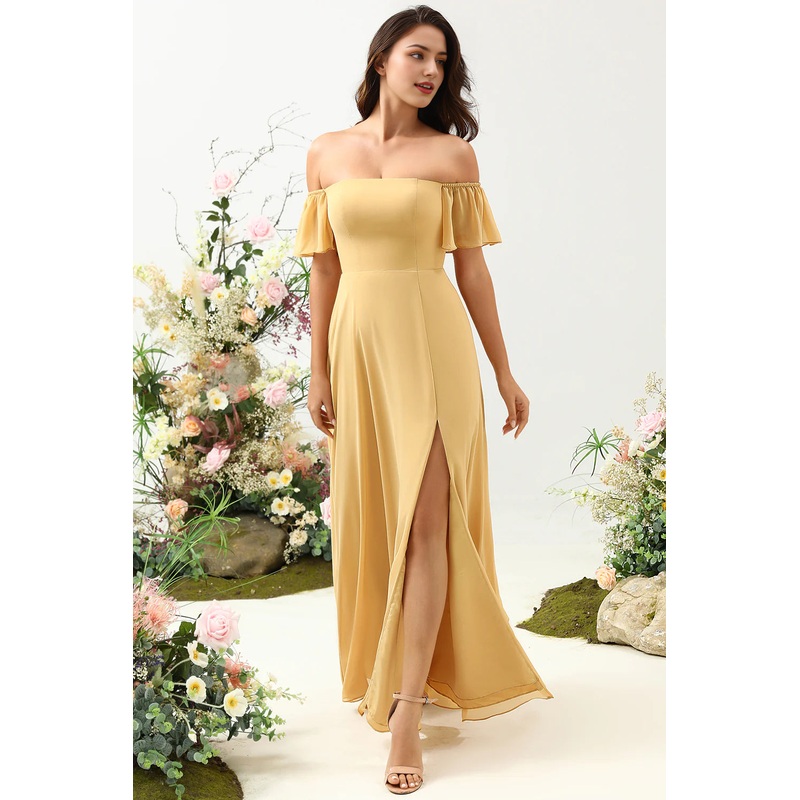 A Line Off the Shoulder Yellow Long Bridesmaid Dress