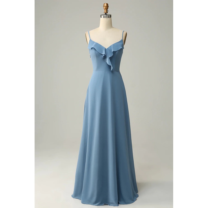 A Line Spaghetti Straps Grey Blue Long Bridesmaid Dress with Ruffles