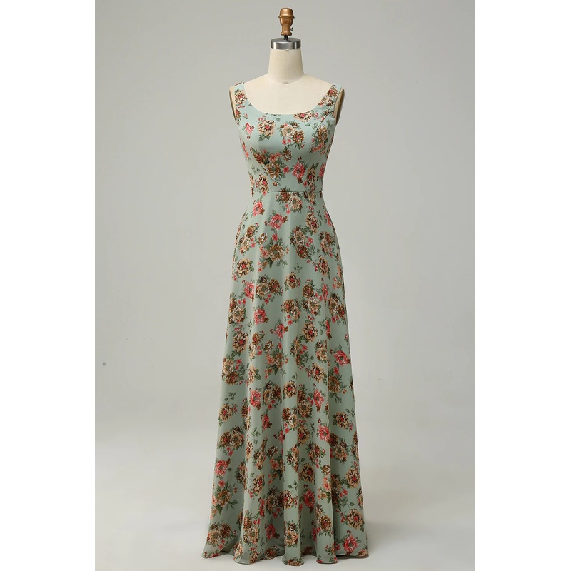 A Line Square Neck Green Floral Long Bridesmaid Dress with Open Back