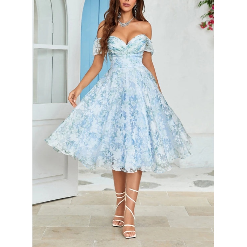 A-Line Blue Party Dress Off The Shoulder Printed Blue Tea-Length Cocktail Dress