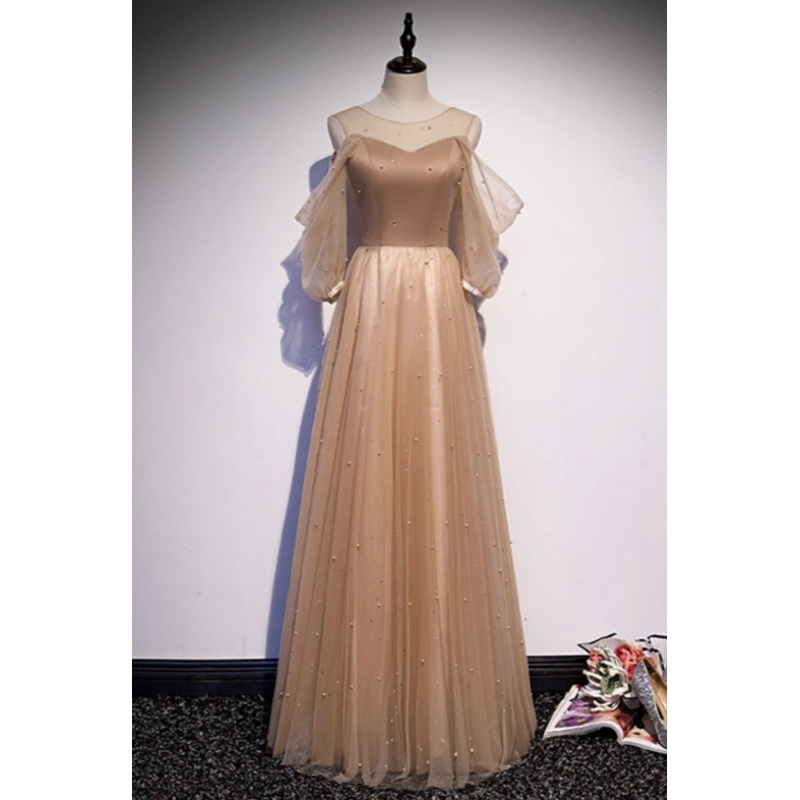 A-Line Elegant Cold Shoulder Champagne Aline Prom Dress with Beadings