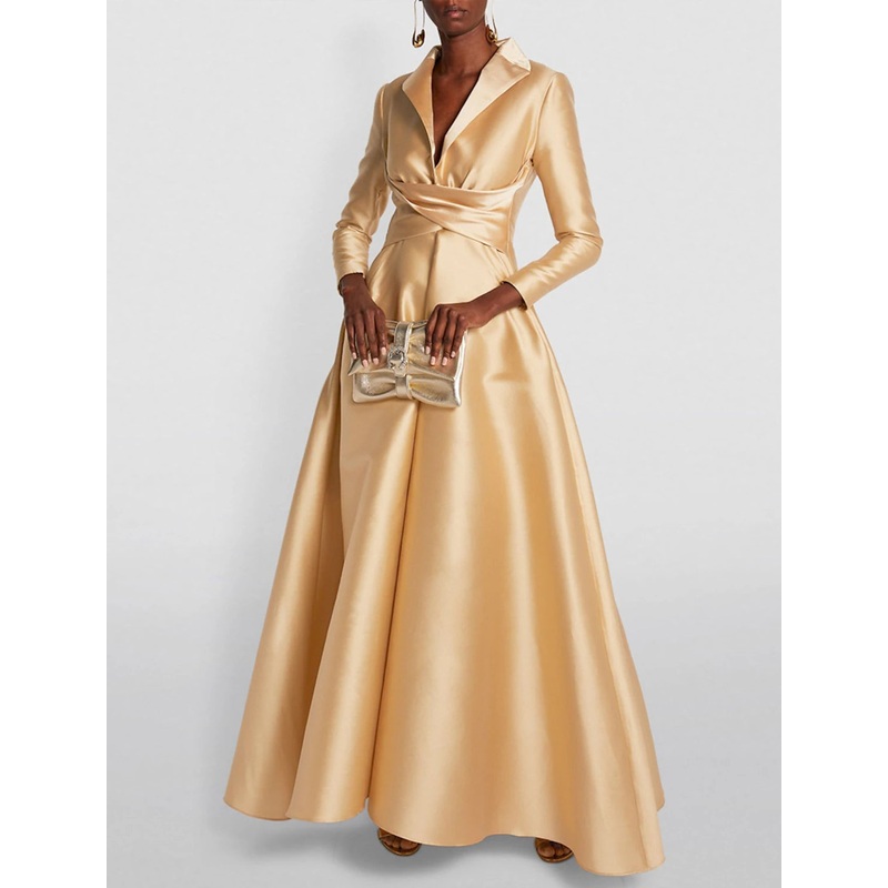A-Line Evening Gown Elegant Red Green Dress Formal Wedding Guest Floor Length Long Sleeve Shirt Collar Satin with Ruched