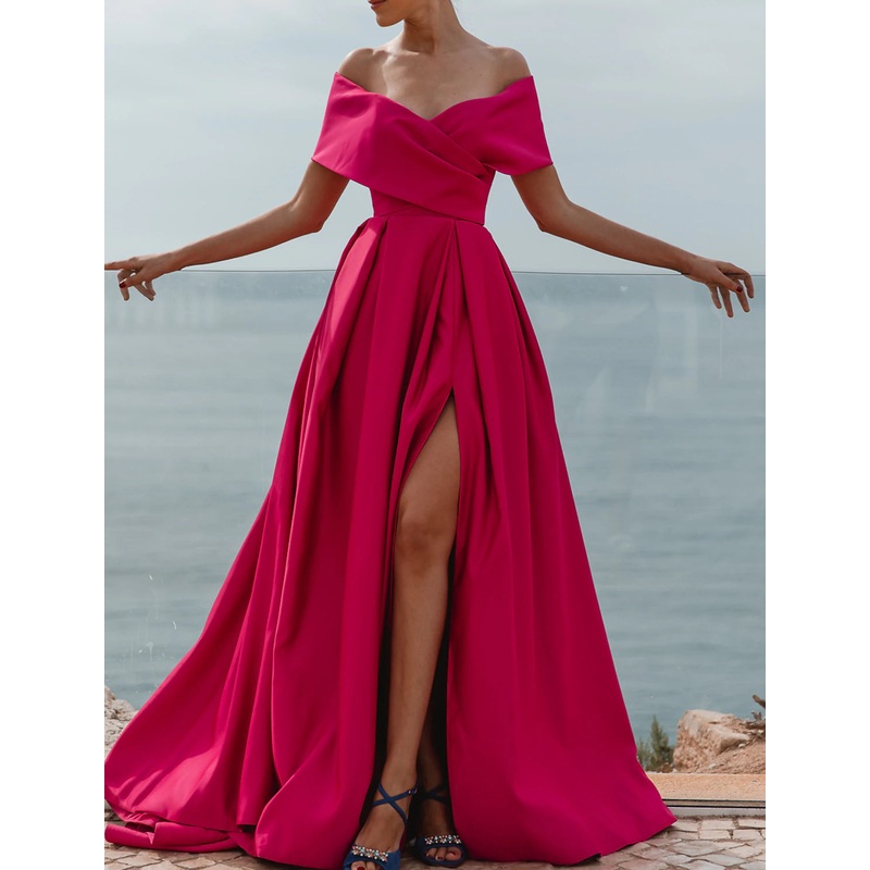 A-Line Evening Gown Party Dress Celebrity Style Dress Formal Wedding Guest Floor Length Sleeveless Off Shoulder Dress Satin with Ruched Slit