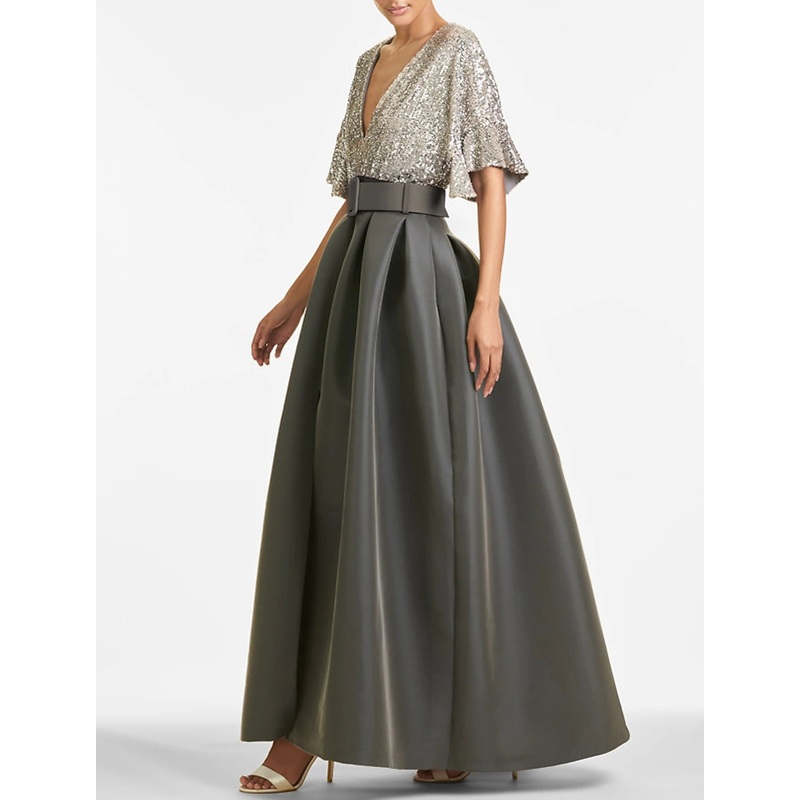 A-Line Evening Gown Party Dress Sparkle & Shine Formal Wedding Guest Dress Ankle Length Half Sleeve V Neck Fall Sequined with Sequin Strappy