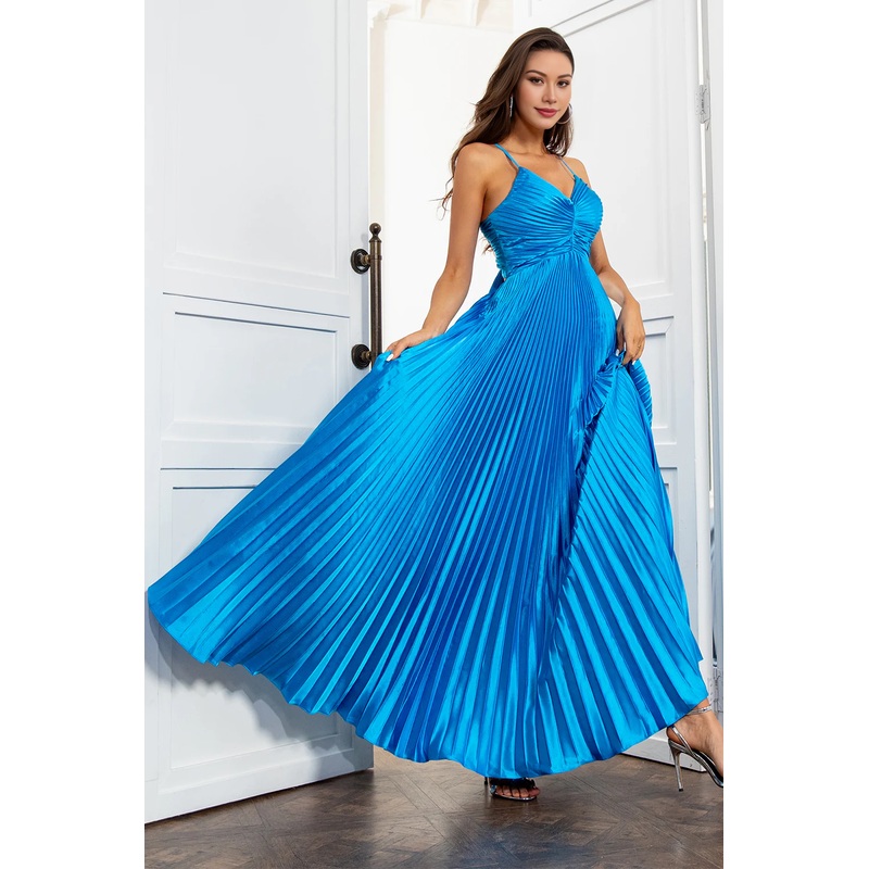 A Line Spaghetti Straps Lake Blue Long Prom Dress