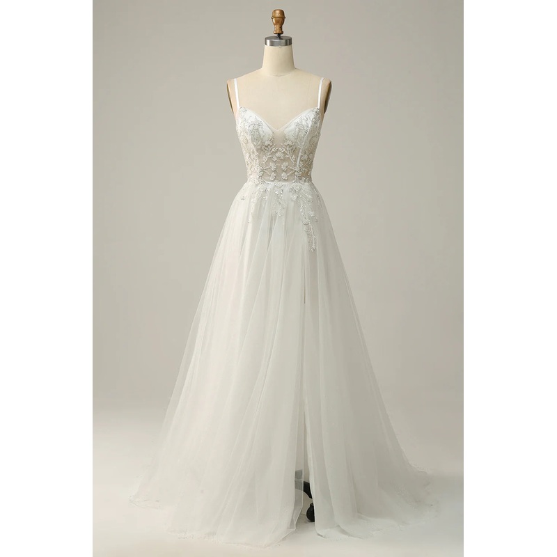 A Line Spaghetti Straps White Long Bridal Dress with Appliques