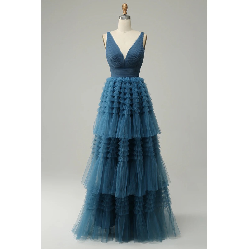 A Line V-Neck Blue Long Prom Dress Tulle With Open Back