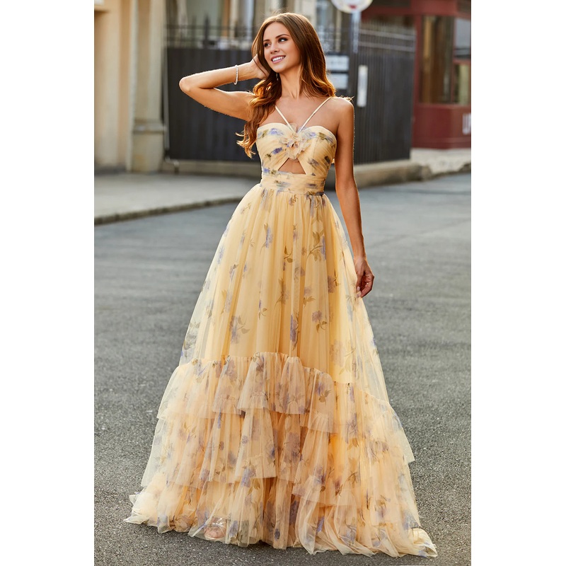 Yellow A-Line Halter Pleated Tulle Tiered Long Prom Dress With Embroidery