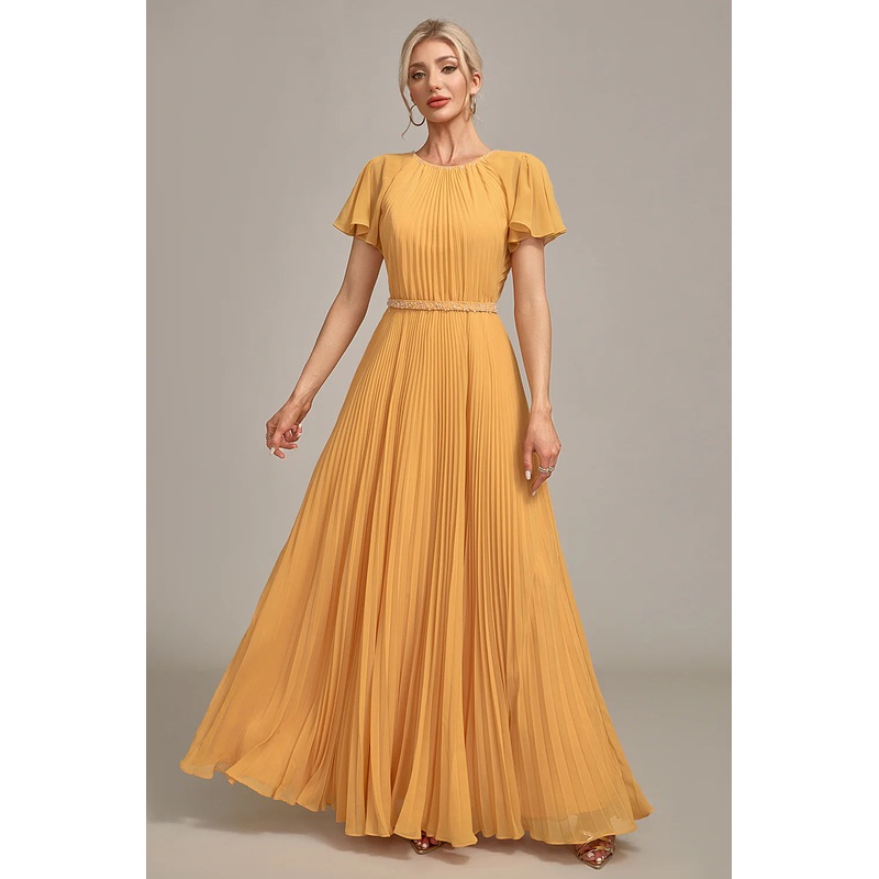 Yellow A-Line Round Neck Pleated Mother of Bride Dress With Short Sleeves