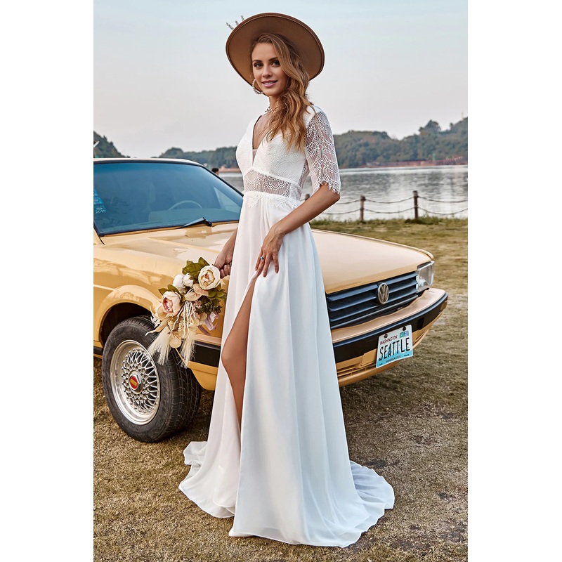 Ivory Lace Chiffon Half Sleeves Boho Backless V-Neck Wedding Dress With Slit