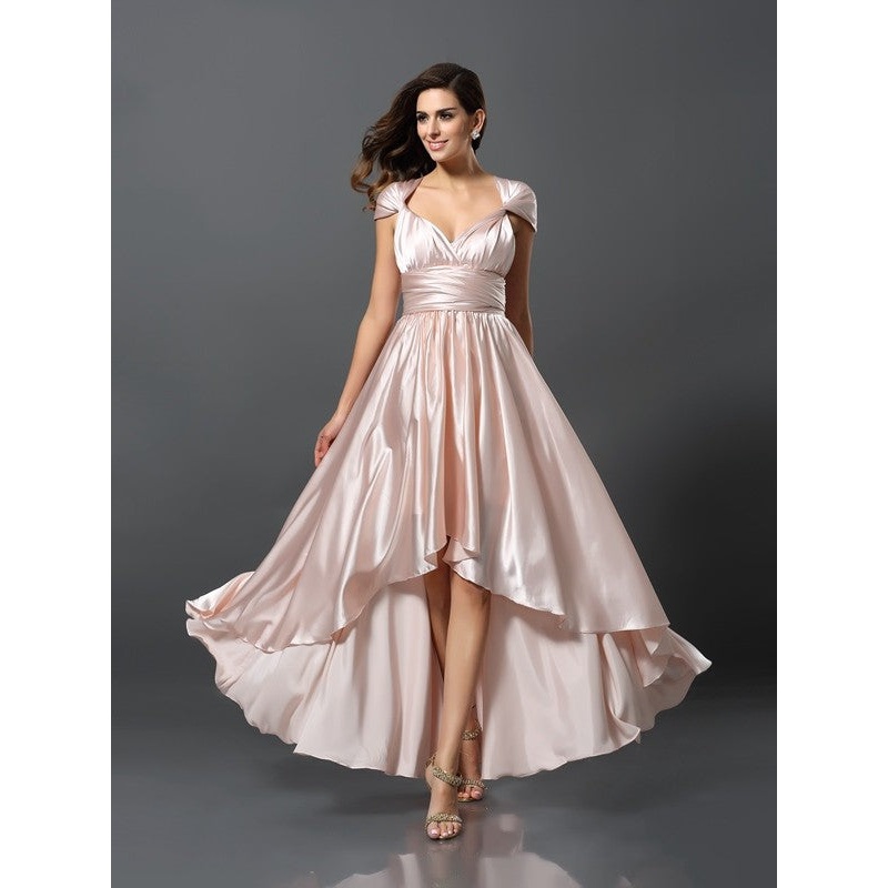 Sheath/Column Sleeveless High Low Silk like Satin Convertible Bridesmaid Dresses