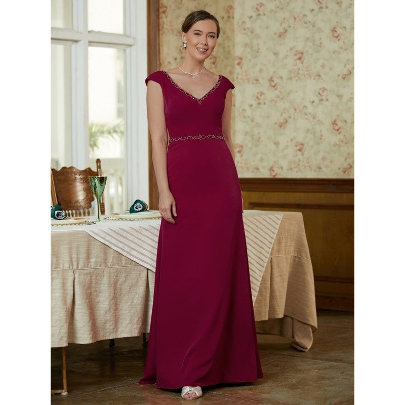 Sheath/Column Stretch Crepe Beading V-neck Sleeveless Floor-Length Mother of the Bride Dresses