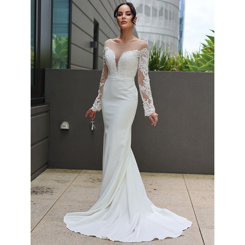 Sheath/Column Stretch Crepe Lace Scoop Long Sleeves Sweep/Brush Train Wedding Dresses