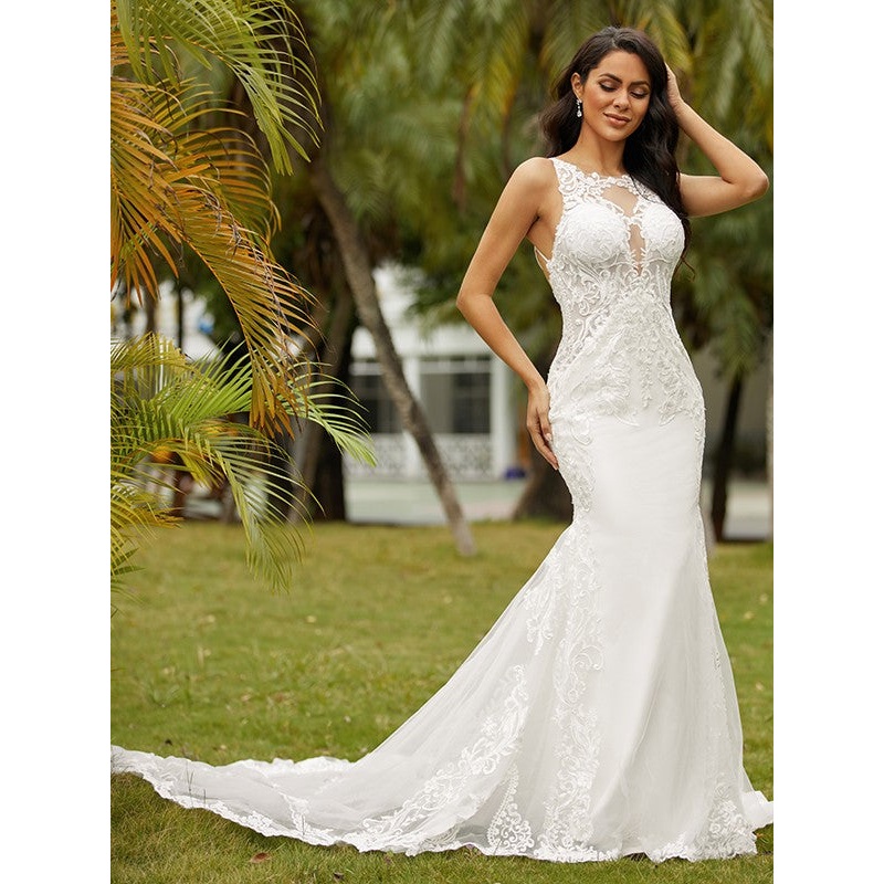 Sheath/Column Stretch Crepe Lace Scoop Sleeveless Cathedral Train Wedding Dresses