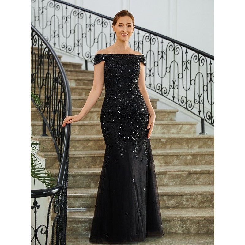 Sheath/Column Tulle Beading Off-the-Shoulder Sleeveless Floor-Length Mother of the Bride Dresses