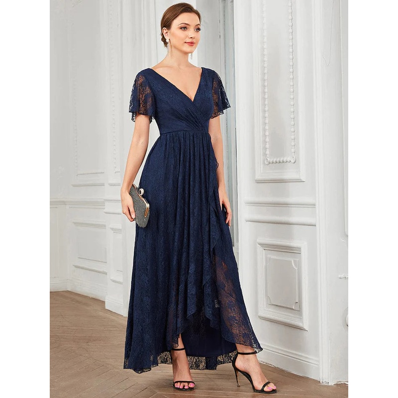 V-Neck Short Sleeve Pleated Ruffled Lace Evening Dress