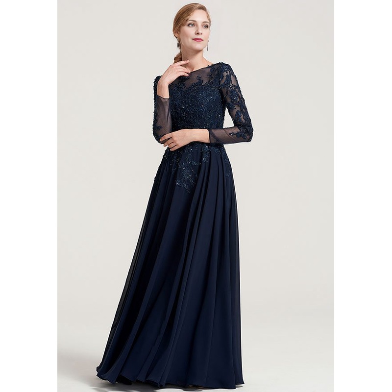 A-line Bateau 3/4 Sleeve Floor-Length Chiffon Mother of the Bride Dress With Beading Appliqued