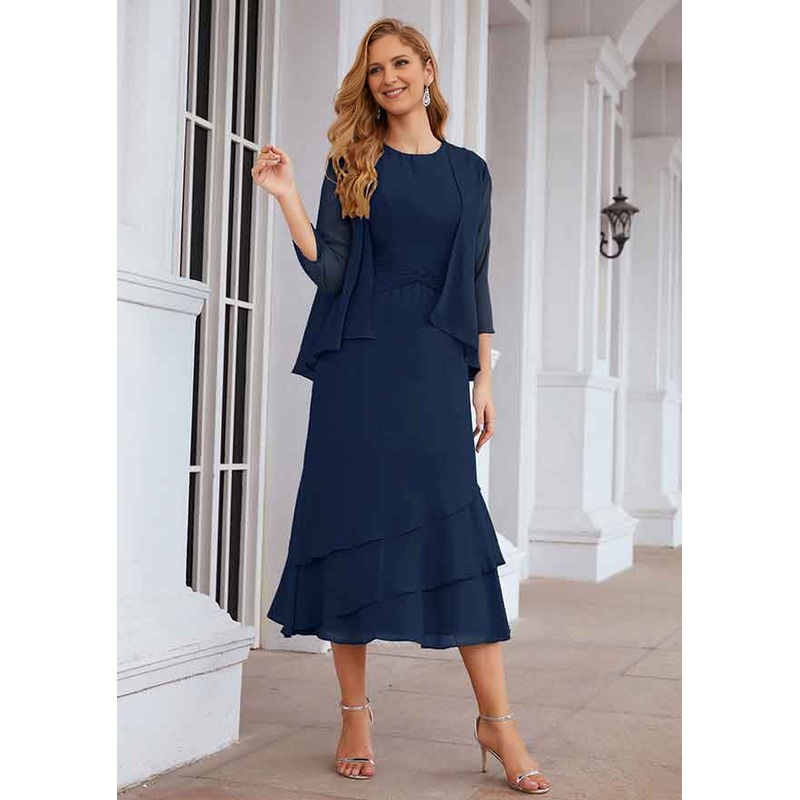 A-line Bateau Tea-Length Chiffon Mother of the Bride Dress With Pleated and Jacket
