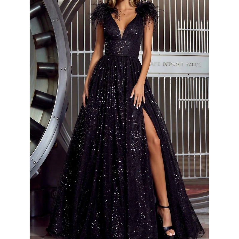 A-Line Evening Gown Elegant Dress Formal V Neck Sequined with Feather Sequin