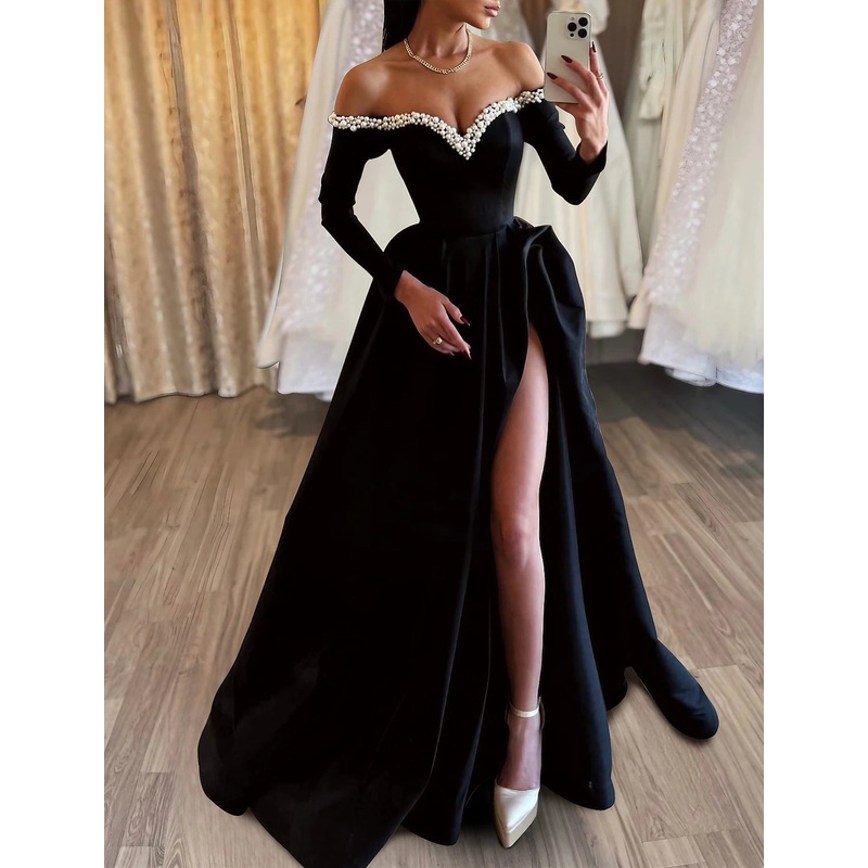 A-Line Evening Gown Formal Sweep / Brush Train Long Sleeve Off Shoulder Satin with Pearls Slit
