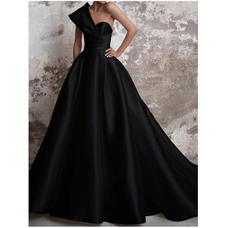 A-Line Evening Gown Party Church Court Train One Shoulder Satin Backless with Ruched