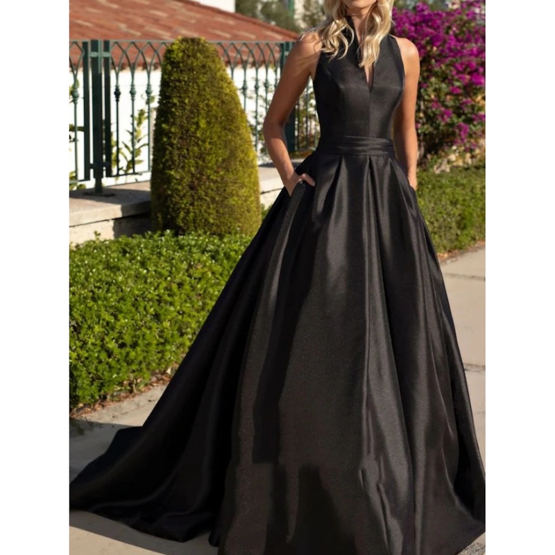 A-Line Evening Gown Party Dress Sweep / Brush Train Sleeveless V Neck Satin with Pleats